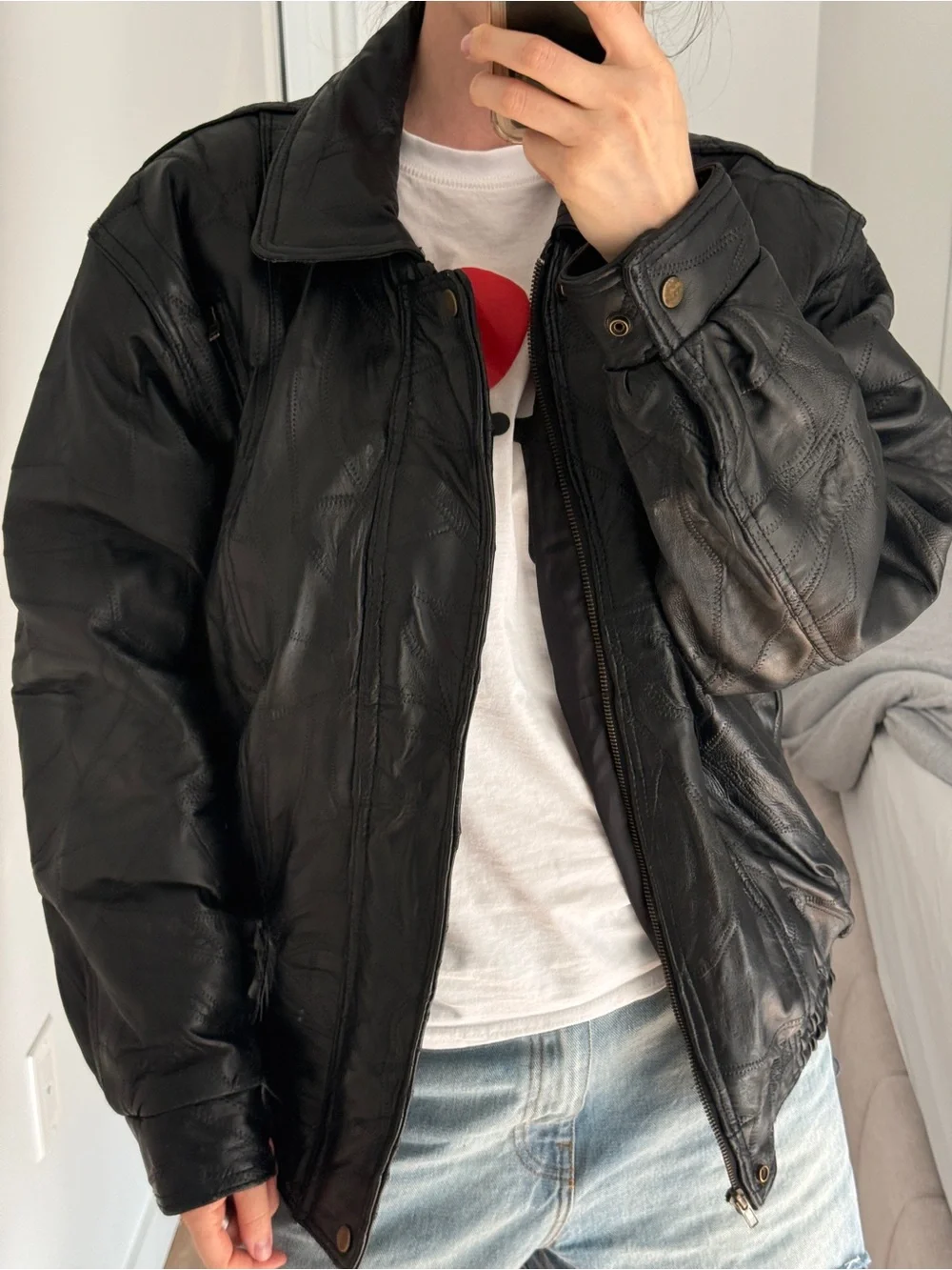 Men's Black Leather Bomber Jacket - Classic Zip Front